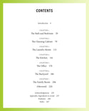 A books table of contents lists chapters including The Bath and Bedroom, The Cleaning Cabinet, and The Laundry Room with their respective page numbers. Simple design on a gradient background