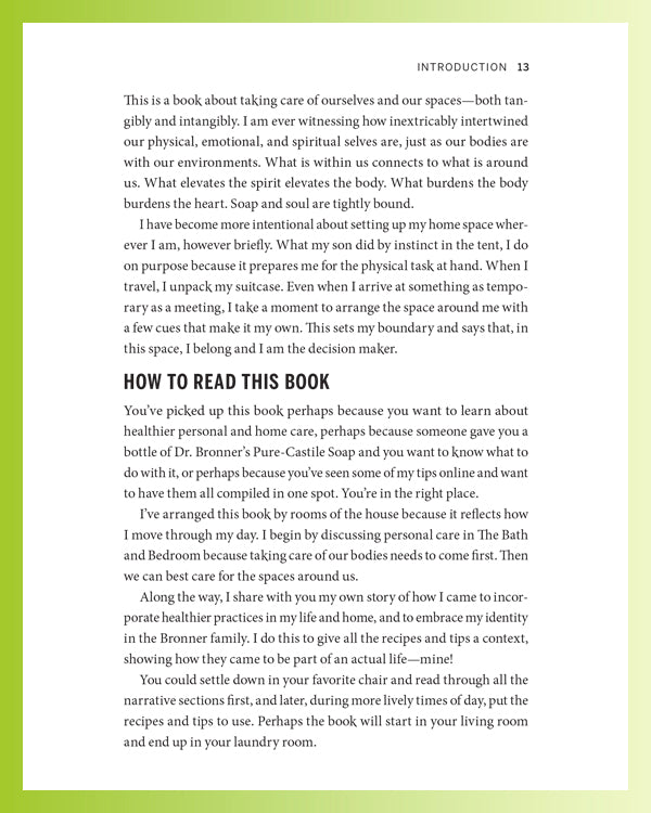 Page shows the introduction from a book discussing the connection between self care and space. It mentions the use of Dr. Bronners Pure Castile Soap and describes organizing the book by room, offering personal care tips