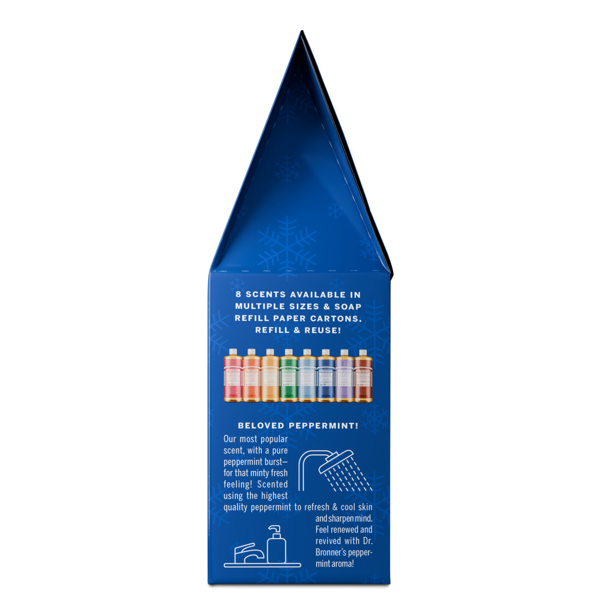 A blue, house shaped box showcases Dr. Bronners products. Text includes From our family to yours and illustrates various soaps. Promotes Dr. Bronners sustainable, organic, eco friendly range. Features about product benefits and uses [One Size]