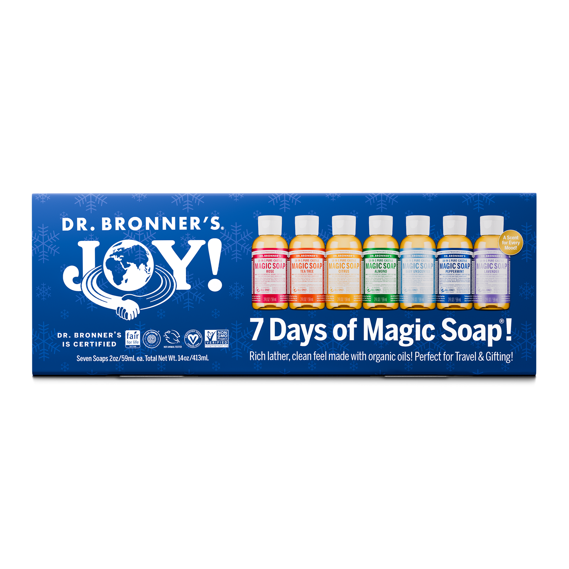 A blue package labeled Dr. Bronners JOY 7 Days of Magic Soap showcases various small bottles of Dr. Bronners soap, emphasizing eco friendly and versatile cleaning options for daily use [One Size]