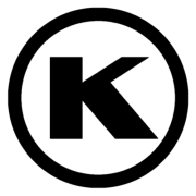 A bold black letter K centered within a circular black outline is displayed on a transparent background. The design resembles a Kosher certification symbol, representing certified products, including eco friendly and organic options