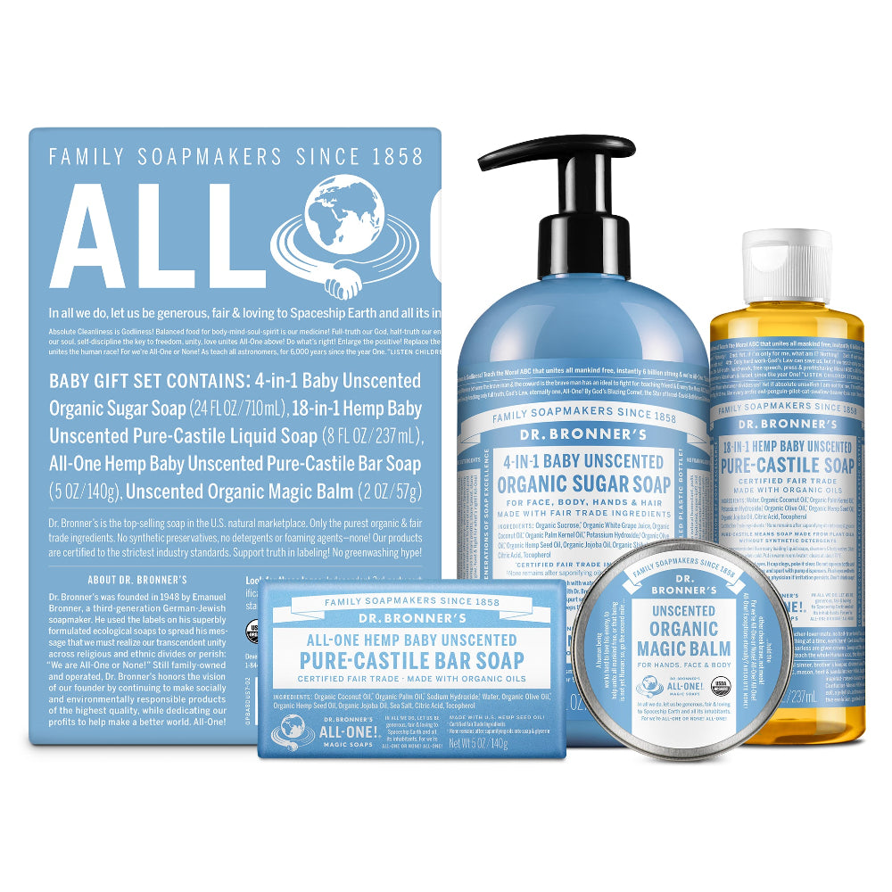 A collection of Dr. Bronners personal care products, featuring liquid soap, bar soap, and balm in blue packaging. Text highlights claims of being certified organic, fair trade, and eco friendly