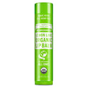 A green tube labeled Dr. Bronners Organic Lip Balm Peppermint stands upright, featuring certifications and text about organic and fair trade ingredients, set against a plain white background [.15 oz]