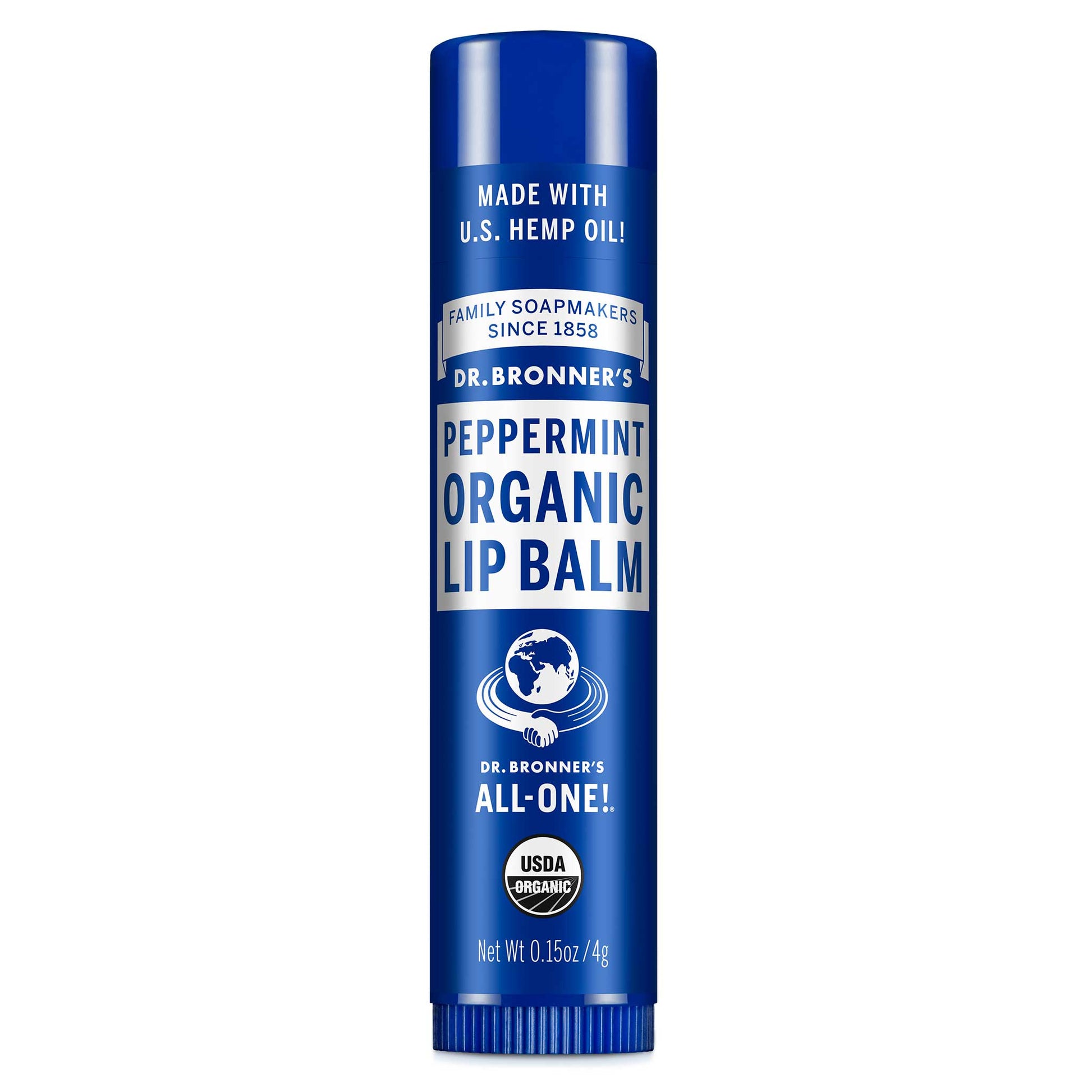 A blue cylindrical tube labeled Dr. Bronners Peppermint Organic Lip Balm featuring white text and certifications like USDA Organic. Ideal for those seeking organic, eco friendly lip care [.15 oz]