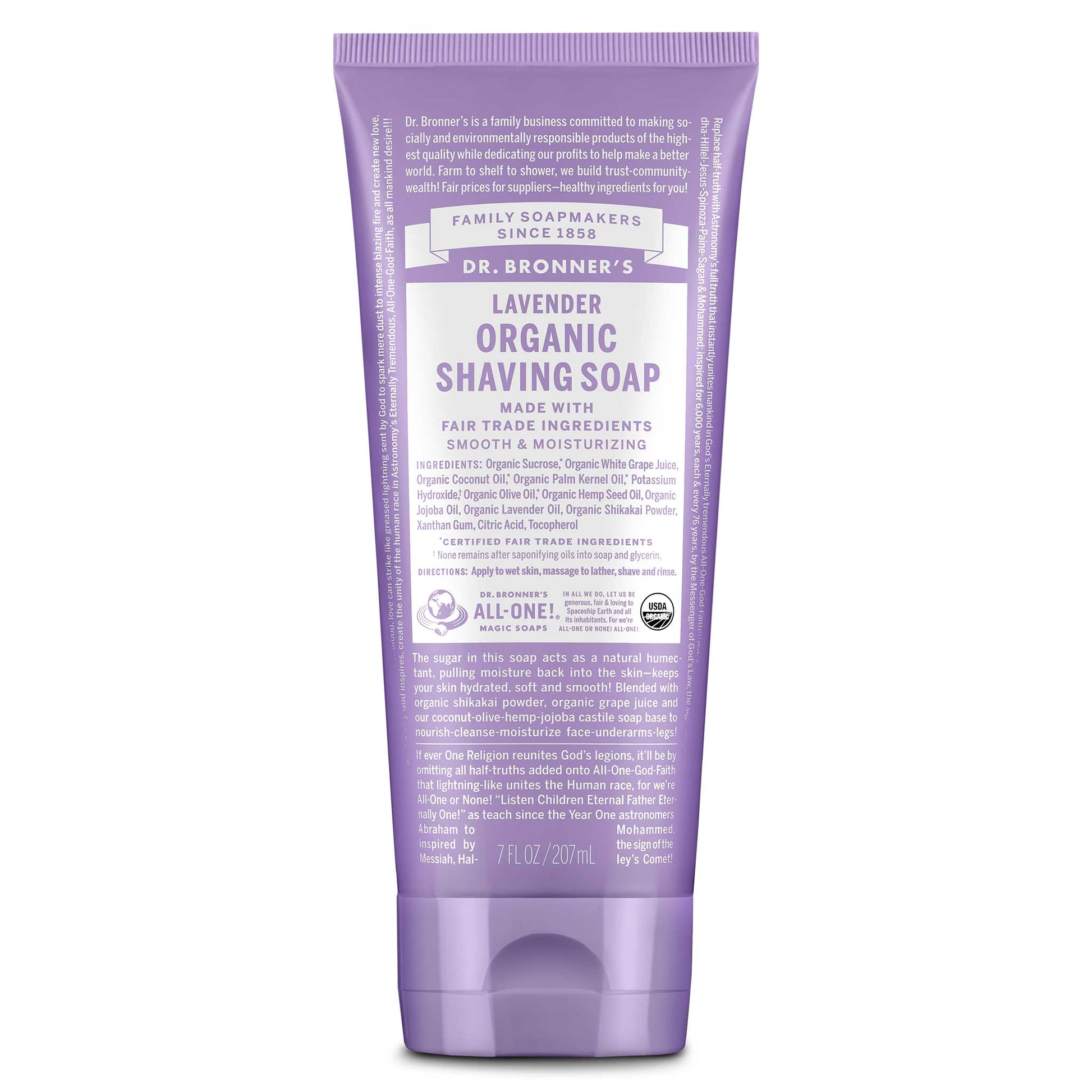 A lavender colored tube labeled Dr. Bronners Lavender Organic Shaving Soap features detailed text about fair trade and moisturizing ingredients. It emphasizes being organic and eco friendly, set against a plain white background [7 oz]