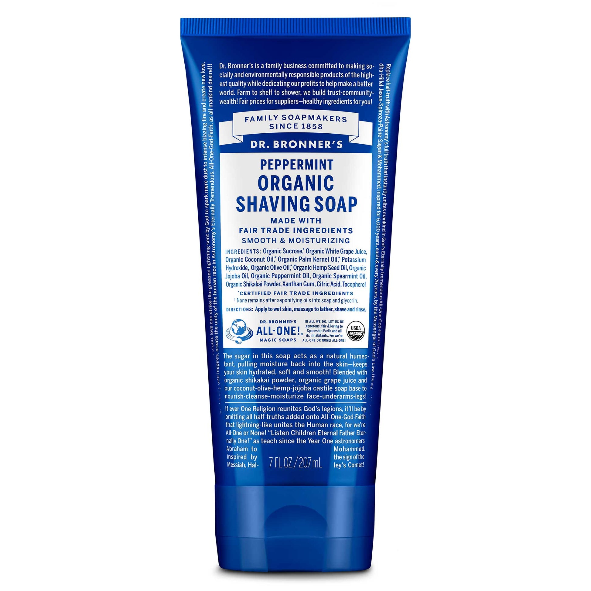 A blue tube labeled Dr. Bronners Peppermint Organic Shaving Soap is displayed. It highlights fair trade ingredients, smooth and moisturizing properties, and contains text detailing usage and benefits. The background is plain white [7 oz]