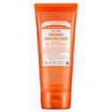 An orange tube labeled Dr. Bronners Organic Shaving Soap with detailed text about ingredients and usage. Features eco certification symbols, promoting natural, vegan, and cruelty free soap ideal for sensitive skin [7 oz]