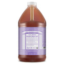 A large bottle labeled Dr. Bronners 4 in 1 Lavender Organic Sugar Soap designed for hair, body, hands, and face is set against a neutral background. Text promotes organic, fair trade ingredients [1/2 Gallon]