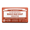 Dr. Bronners Eucalyptus Magic Bar Soap rests against a plain background. The packaging is brown and white, emphasizing natural, organic ingredients. Text reads ALL ONE PURE CASTILE MAGIC BAR SOAP EUCALYPTUS, highlighting its eco friendly, certified organic formula for body, face, and hands, net weight 5 oz140g [5 oz]