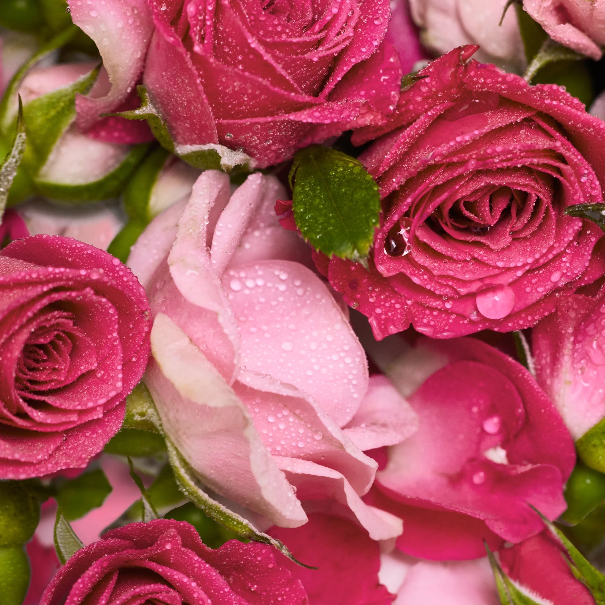 Pink roses glistening with water droplets clustered together amidst lush green leaves, creating a vibrant and fresh floral display [5 oz]