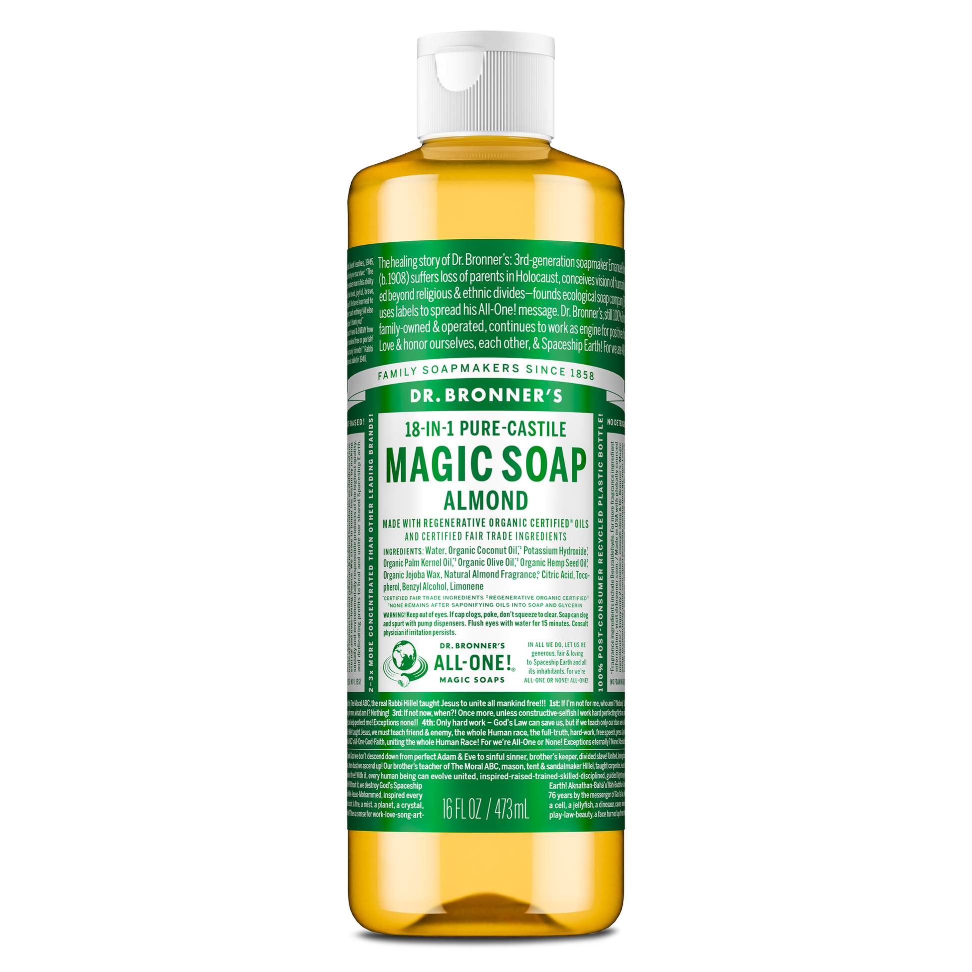 A bottle of Dr. Bronners 18 in 1 Hemp Eucalyptus Pure Castile Soap sits upright. The label details its organic and fair trade certifications, emphasizing its multipurpose, eco friendly use in personal care and cleaning [16 oz]