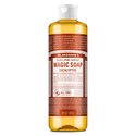 A bottle of Dr. Bronners almond castile soap stands upright with a white cap. The label includes Dr. Bronners 18 in 1 Hemp Almond Pure Castile Soap text. The background is plain white [16 oz]