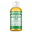 A 2 fl oz bottle of Dr. Bronners 18 in 1 Pure Castile Magic Soap, Almond, featuring regenerative organic and fair trade ingredients. Labeled for versatile uses, highlighting sustainability and ethical production [2 oz]
