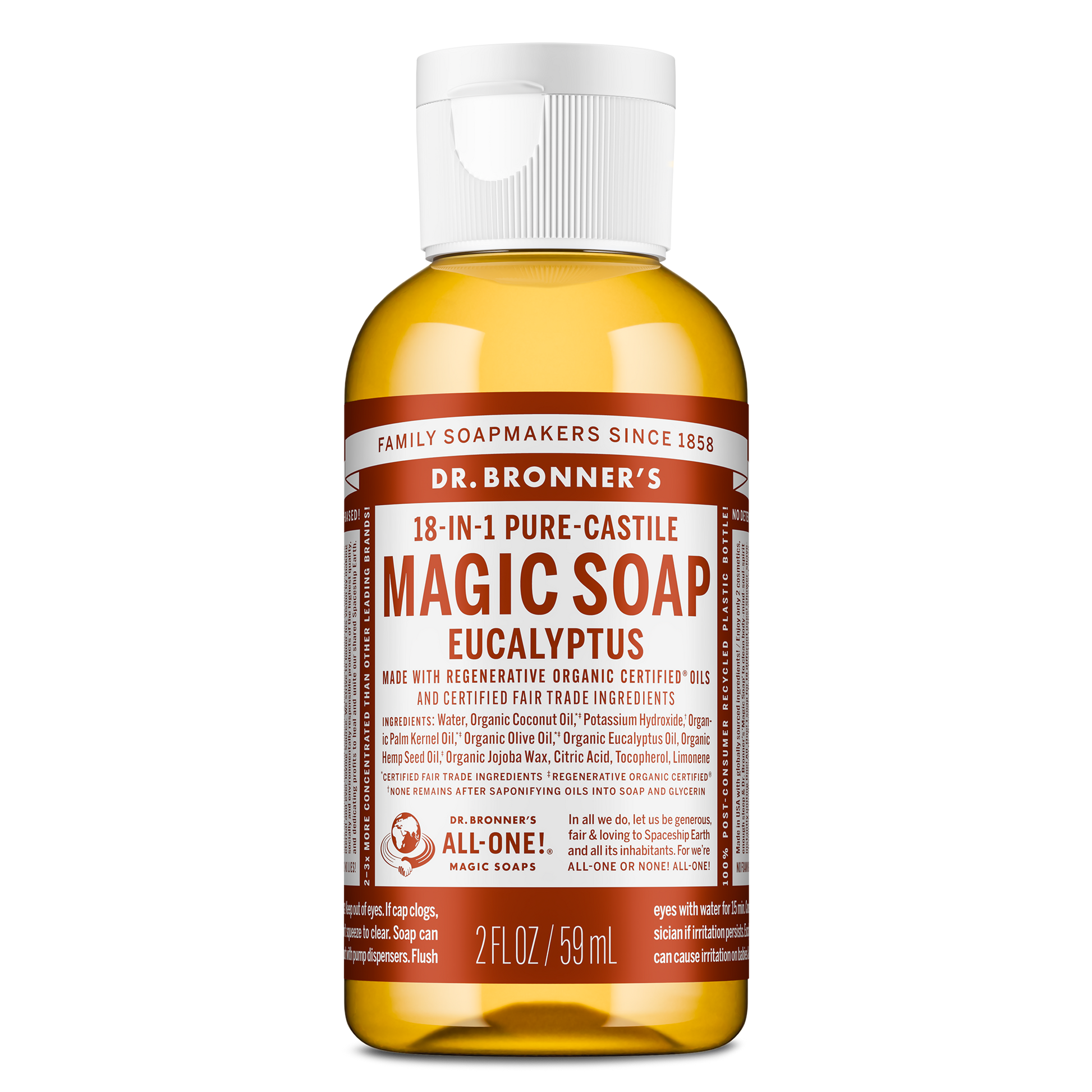 A bottle of Dr. Bronners 18 in 1 Pure Castile Liquid Soap, Eucalyptus scent. The label details multiple uses and the products eco friendly attributes, emphasizing versatility and sustainability in personal care. Text on label includes Dr. Bronners 18 in 1 Pure Castile Magic Soap Eucalyptus Rest of the text may detail usage instructions and ethical commitments [2 oz]