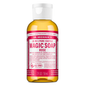 Bottle of Dr. Bronners 18 in 1 Pure Castile Magic Soap in rose scent, labeled with organic, fair trade ingredients, stands on a white background. Size 2 FL OZ 59 mL [2 oz]
