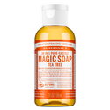 A 2 fl oz bottle of Dr. Bronners 18 in 1 Pure Castile Magic Soap, Tea Tree variant with organic and fair trade ingredients, features bold text and detailed usage instructions on the label [2 oz]