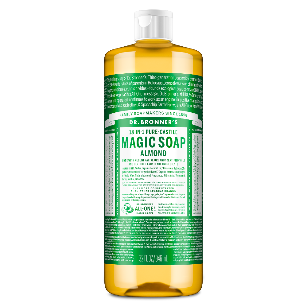 A bottle of Dr. Bronners 18 in 1 Pure Castile Magic Soap Almond features extensive green and white labeling with detailed product information. The bottle holds 32 fl oz of liquid soap [32 oz]