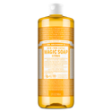 A large bottle of Dr. Bronners 18 in 1 Pure Castile Magic Soap, Citrus variant, stands upright. The label highlights family soapmakers, organic certification, and versatility for multiple cleaning uses. Capacity is 32 fl oz [32 oz]