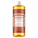 Dr. Bronners 18 in 1 Pure Castile Magic Soap in a 32 fl oz bottle features eucalyptus, offering versatile cleaning and refreshing scents. Text highlights its organic certification, eco friendliness, and multi purpose use [32 oz]