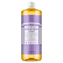 A 32 fl oz bottle of Dr. Bronners 18 in 1 Pure Castile Magic Soap Lavender, featuring a lavender label detailing its organic, fair trade ingredients and versatile use. Ideal for eco friendly cleaning and skincare [32 oz]