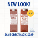 Two cartons of Dr. Bronners 18 in 1 Pure Castile Soap Refill, labeled Magic Soap, sit on a white tiled background. Text highlights NEW LOOK SAME GREAT MAGIC SOAP. Packaging may vary for a limited time [32 oz]