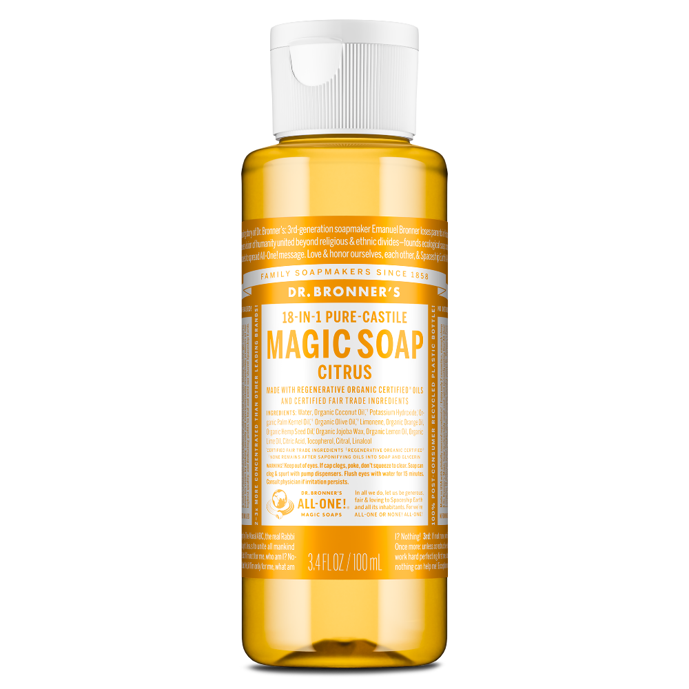 Bottle of Dr. Bronners 18 in 1 Pure Castile Magic Soap in citrus scent sits upright. The label highlights its organic, fair trade, and multi use capabilities. Size 3.4 fl oz 100 ml [3.4 oz]