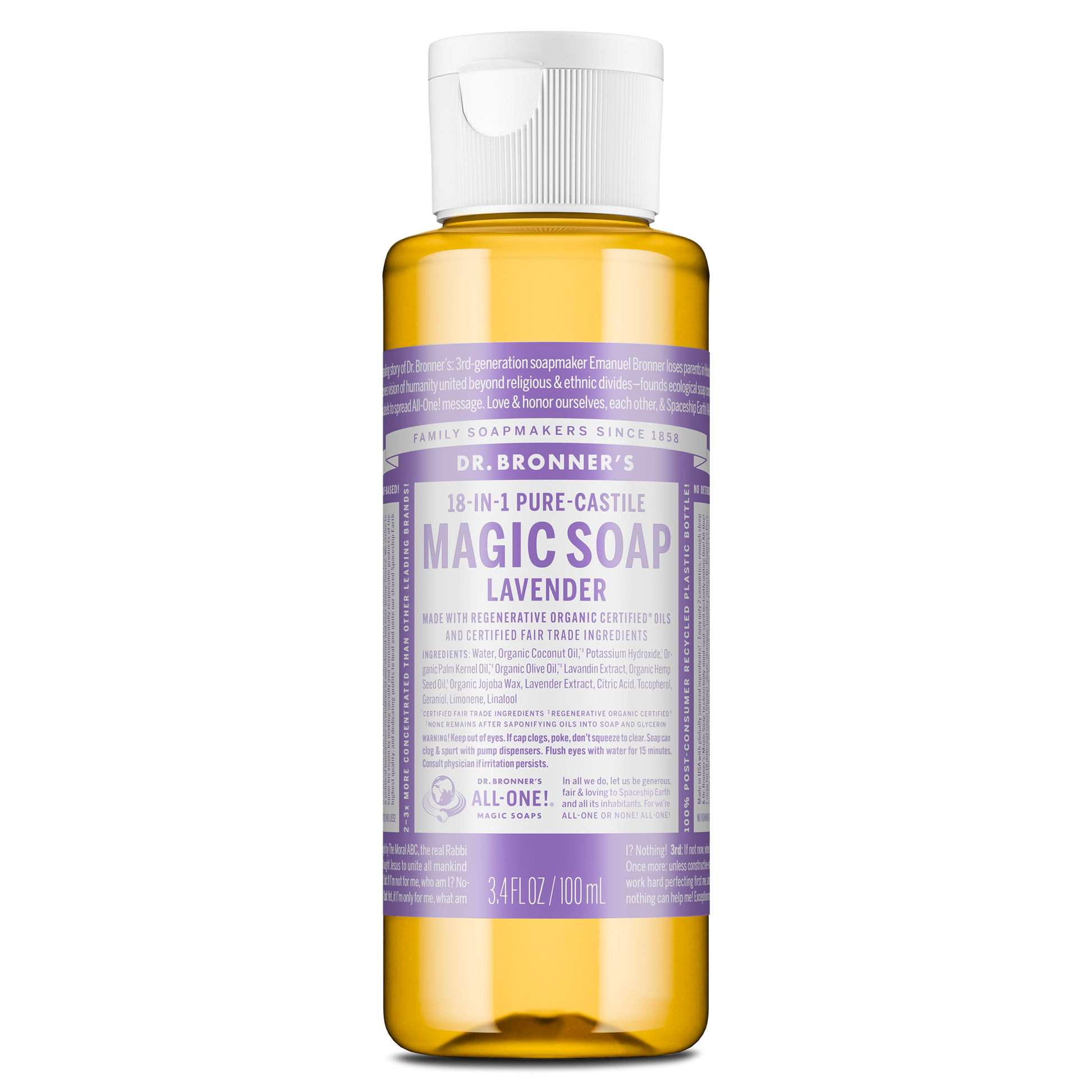 A bottle of Dr. Bronners Lavender Pure Castile Liquid Soap stands upright, featuring a lavender label with white text detailing ingredients and usage. Suitable for eco friendly, multi purpose cleaning needs [3.4 oz]