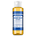 A 3.4 fl oz bottle of Dr. Bronners 18 in 1 Pure Castile Magic Soap Peppermint features a blue label with white text detailing its regenerative organic certified oils and fair trade ingredients [3.4 oz]