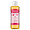 A bottle of Dr. Bronners Magic Soap in rose scent stands upright with a translucent container and pink label displaying text about its organic certification and versatile uses, emphasizing eco friendly benefits [3.4 oz]