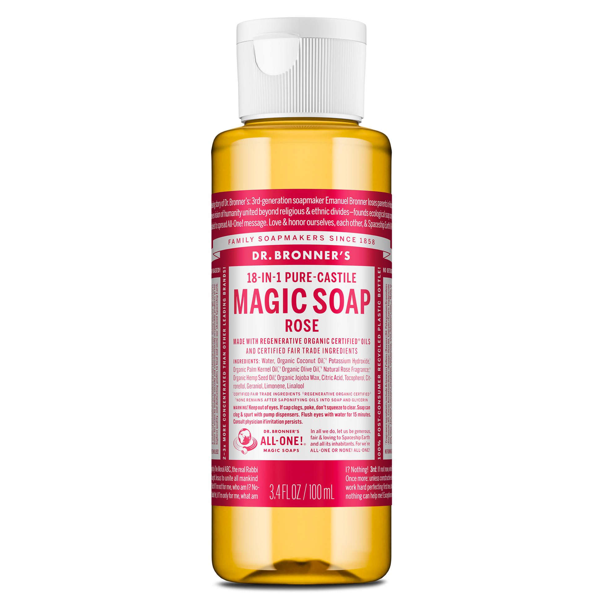 A bottle of Dr. Bronners Magic Soap in rose scent stands upright with a translucent container and pink label displaying text about its organic certification and versatile uses, emphasizing eco friendly benefits [3.4 oz]