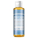 A bottle of Dr. Bronners 18 in 1 Hemp Baby Unscented Pure Castile Soap stands upright. The label features detailed text about usage and ingredients, emphasizing its certified fair trade and organic qualities [4 oz]