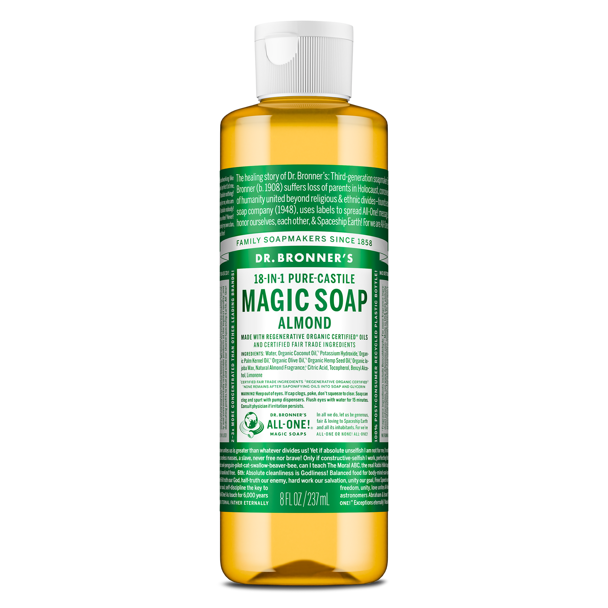 A bottle of Dr. Bronners 18 in 1 Pure Castile Magic Soap in almond scent, featuring a green label with detailed text and organic certification, against a plain background [8 oz]