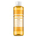 A bottle of Dr. Bronners 18 in 1 Pure Castile Magic Soap, Citrus scent, stands upright. The label details organic certification and eco friendly ingredients, emphasizing sustainability and versatility. Text includes 8 fl oz 237 ml [8 oz]