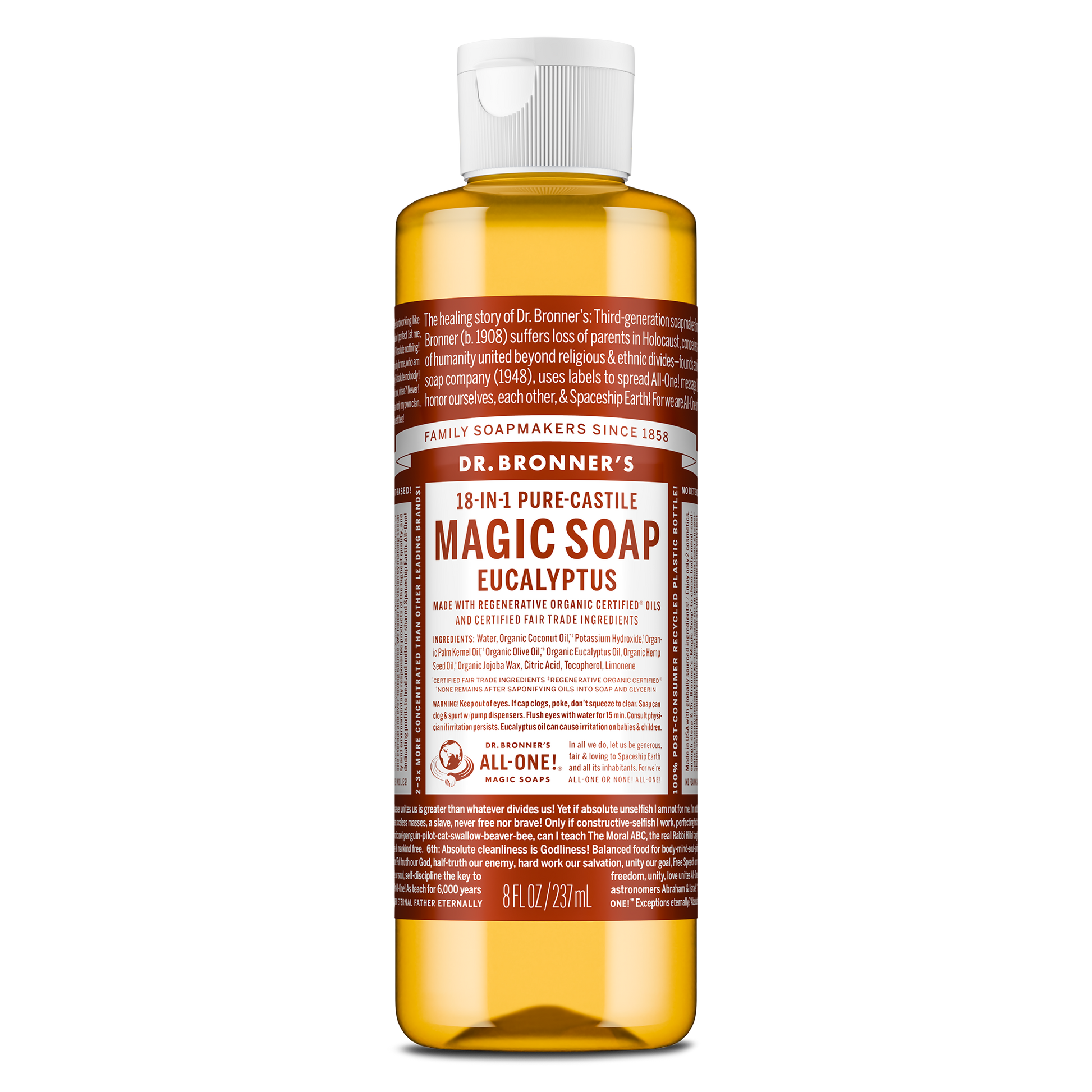 A bottle of Dr. Bronners 18 in 1 Pure Castile Magic Soap in eucalyptus scent stands upright. Its brown and white label details its uses and organic certification. Capacity 8 fl oz237 ml [8 oz]