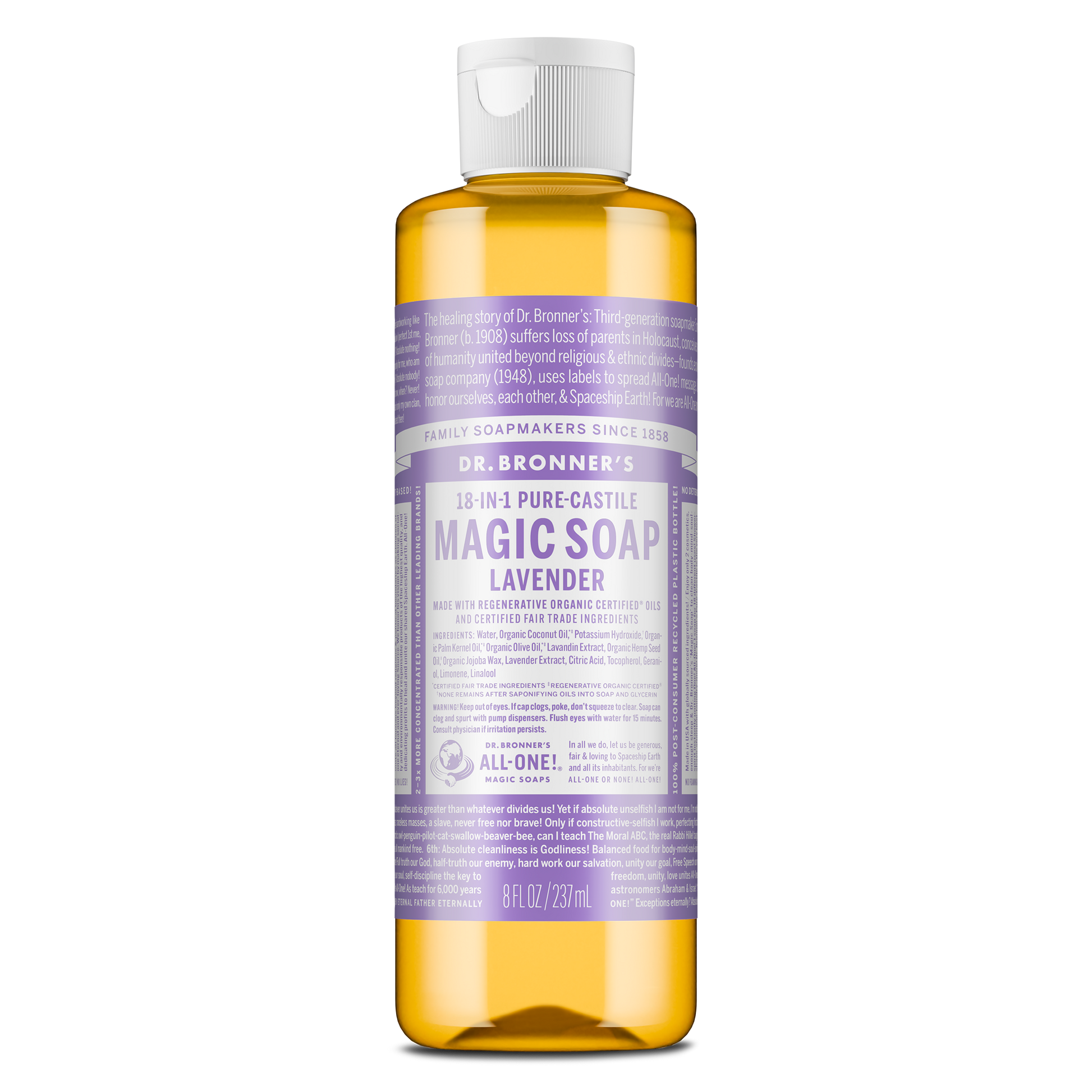 A bottle of Dr. Bronners 18 in 1 Pure Castile Magic Soap Lavender is seen standing upright. Its label features extensive text detailing ingredients and uses against a plain background [8 oz]