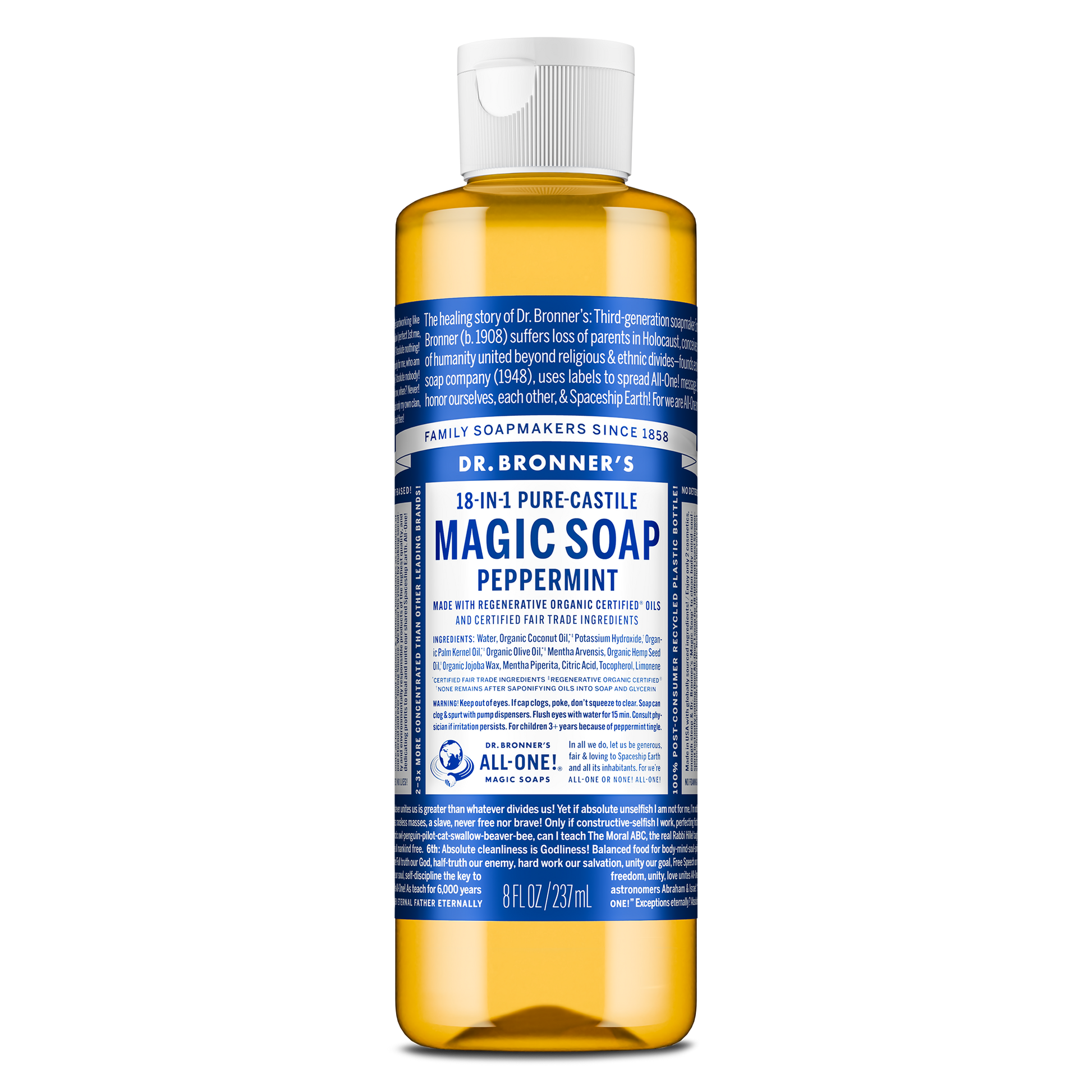 A bottle of Dr. Bronners Pure Castile Peppermint Soap stands upright. The blue label includes comprehensive text detailing ingredients and uses, emphasizing its organic, vegan, eco friendly, and biodegradable qualities [8 oz]