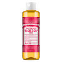 A bottle of Dr. Bronners 18 in 1 Pure Castile Magic Soap Rose variant, featuring a detailed label with text highlighting its regenerative organic certified oils and fair trade ingredients. 8 FL OZ [8 oz]