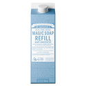 A light blue carton labeled DR. BRONNERS 18 IN 1 PURE CASTILE MAGIC SOAP REFILL BABY UNSCENTED. Its made with organic oils, highlighting sustainability. Capacity 32 FL OZ 946mL [32 oz]