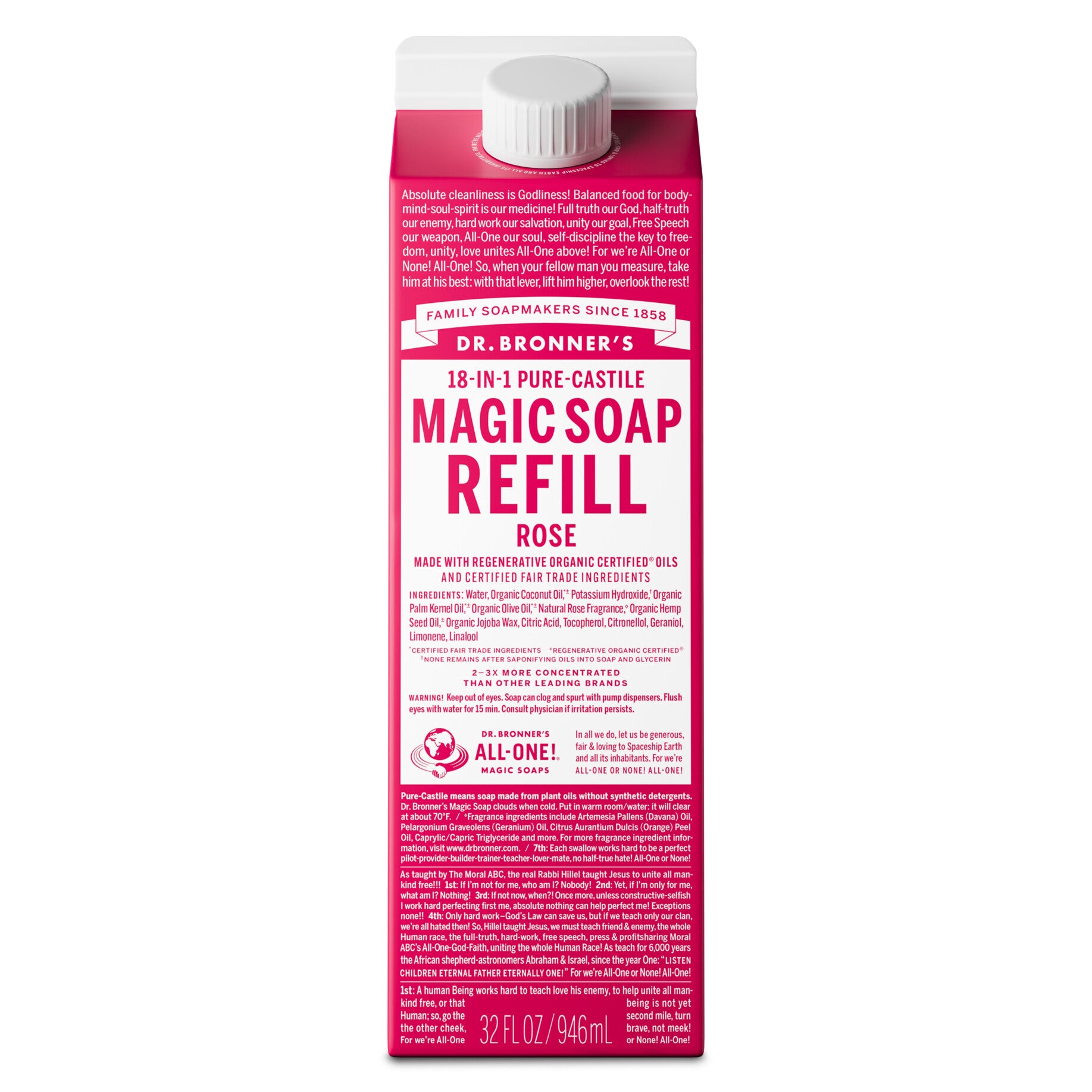 A carton of Dr. Bronners Magic Soap Refill in rose scent, highlighting 18 in 1 pure castile soap uses. Made with organic and fair trade ingredients like coconut and palm kernel oil, 32 fl oz [32 oz]