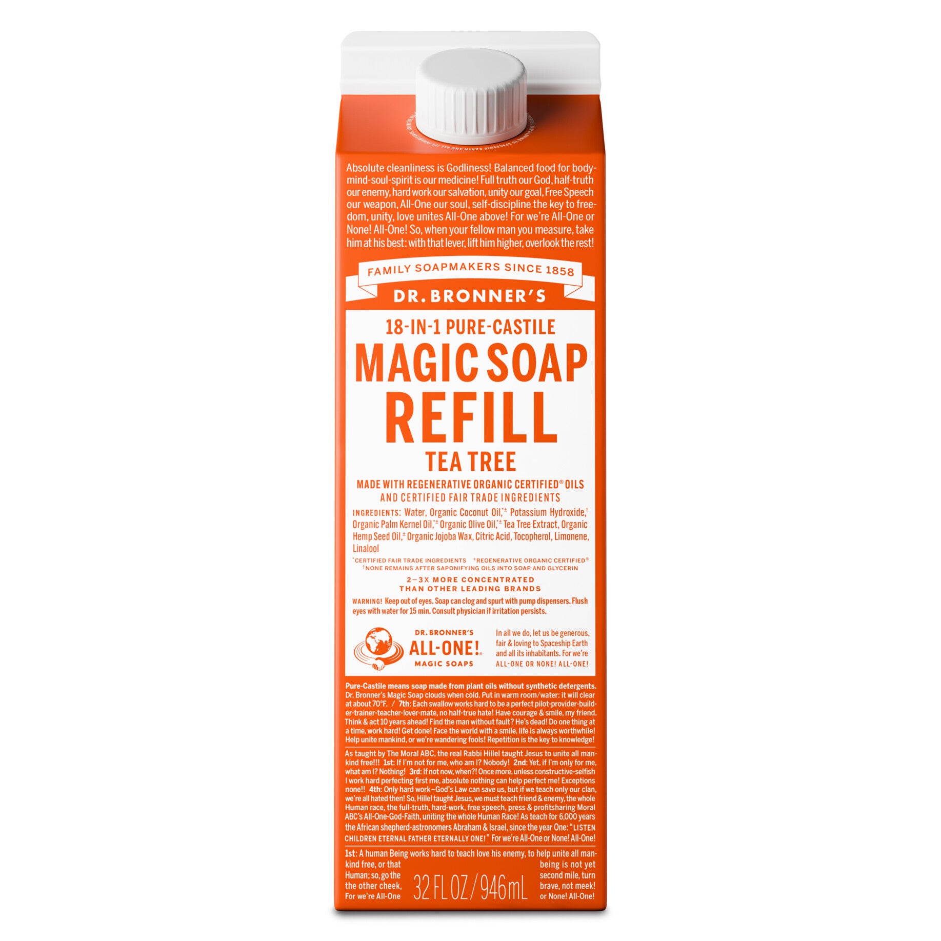 A 32 oz carton labeled Dr. Bronners 18 In 1 Pure Castile Magic Soap Refill Tea Tree stands vertically, featuring detailed text on the orange background, emphasizing its organic, fair trade ingredients [32 oz]