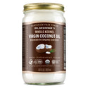 A glass jar with a gold lid contains Dr. Bronners Whole Kernel Virgin Coconut Oil. Its labeled Regenerative Organic Certified and 30 FL OZ 887 mL. The label highlights it as Certified Fair Trade and suitable for medium high heat cooking [30 oz]
