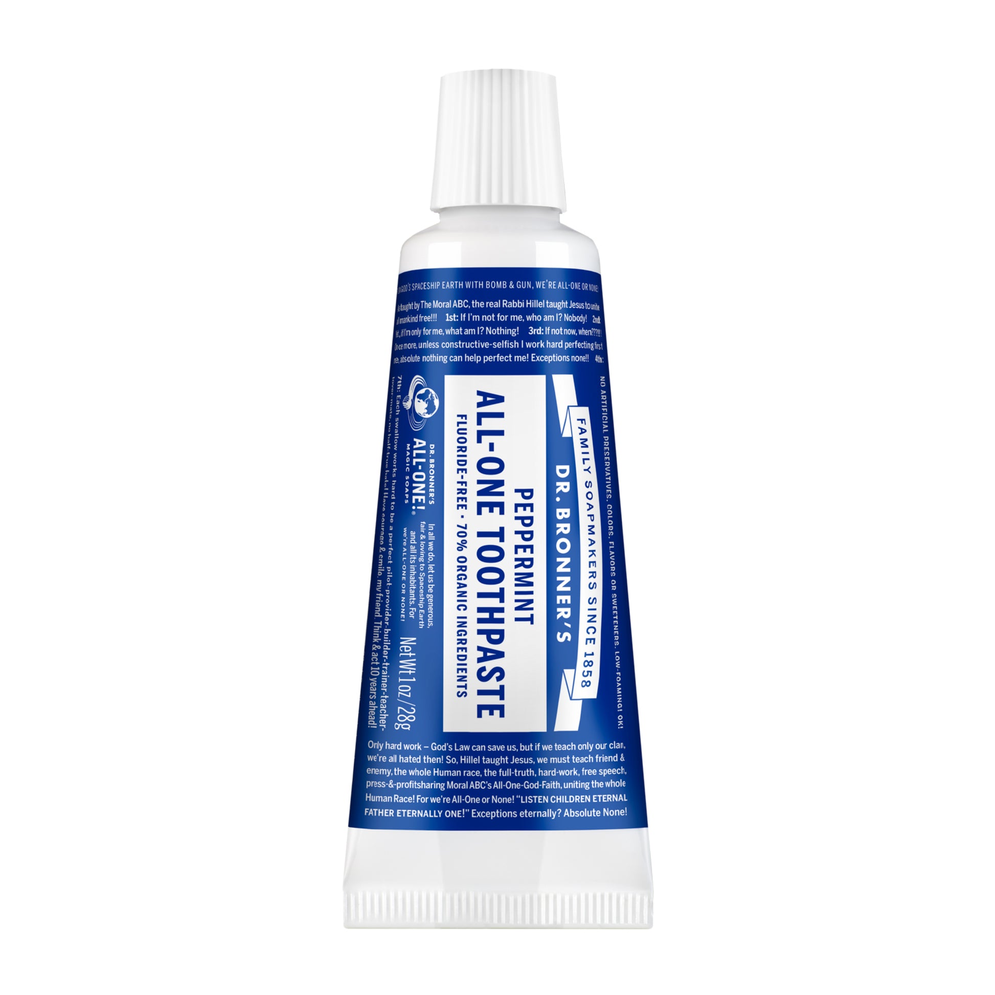 A blue and white tube labeled Dr. Bronners All One Toothpaste stands upright. The design includes text detailing ingredients and benefits, reflecting an eco friendly, vegan, and fluoride free formulation in personal care packaging [5 oz]